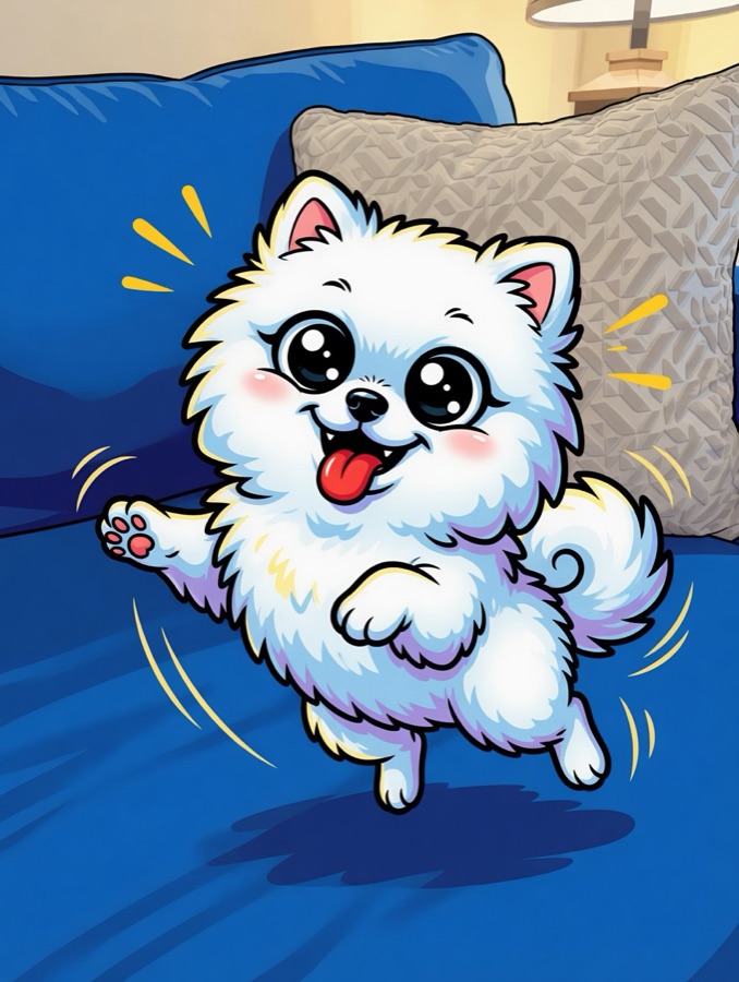 A cartoon caricature of the Pomeranian bouncing off the couch with big sparkling eyes