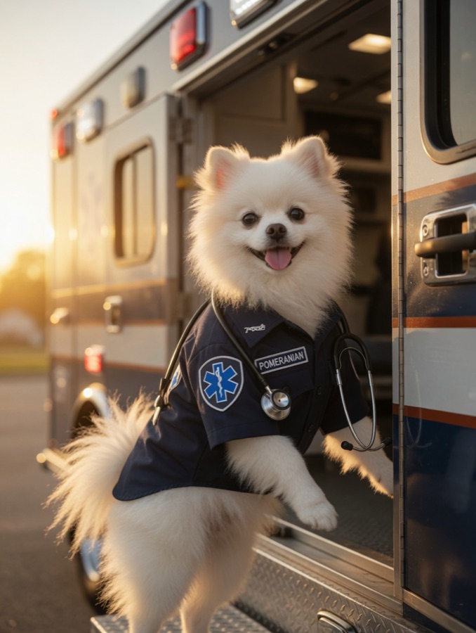 The Pomeranian in a paramedic uniform with a stethoscope, stepping out of an ambulance
