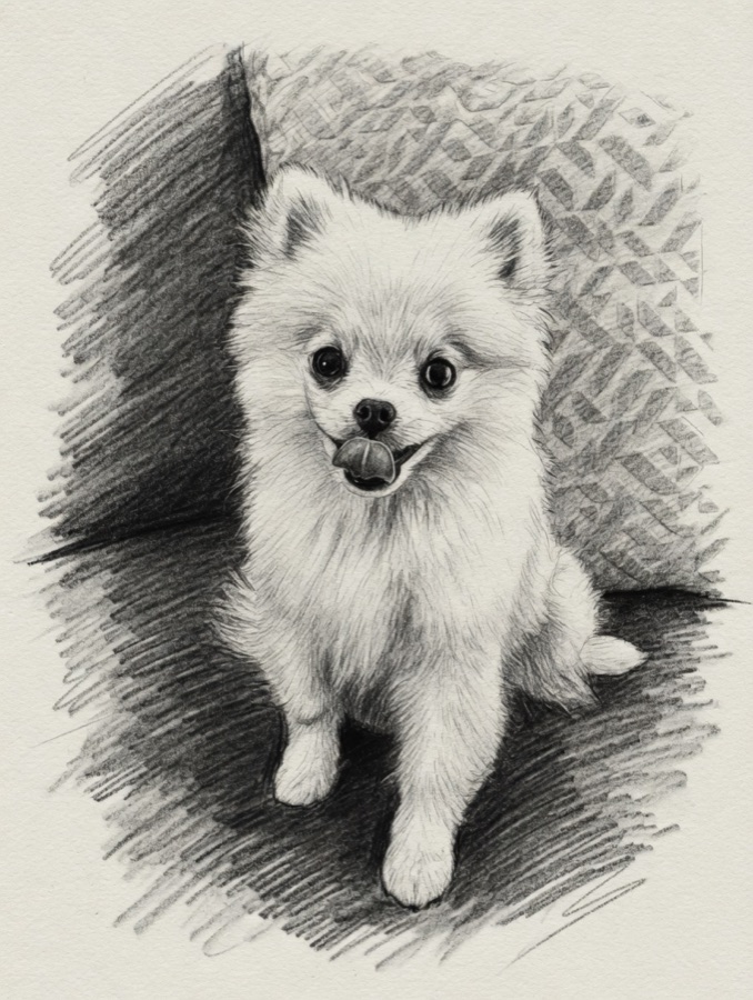 A pencil sketch of the Pomeranian sitting on the couch